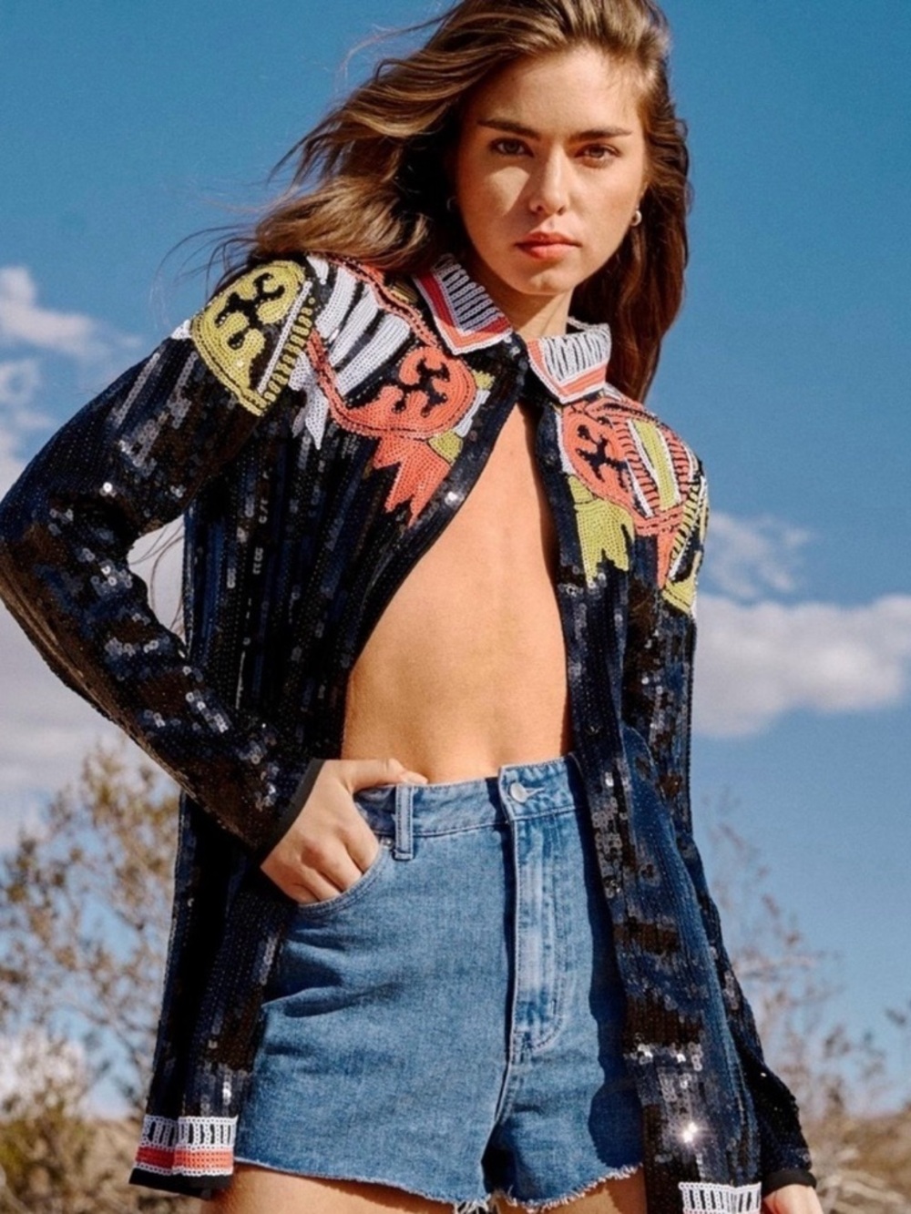 Nasty Gal Black Sequin Long Sleeve Jacket with Multicolor Embroidered Shoulders